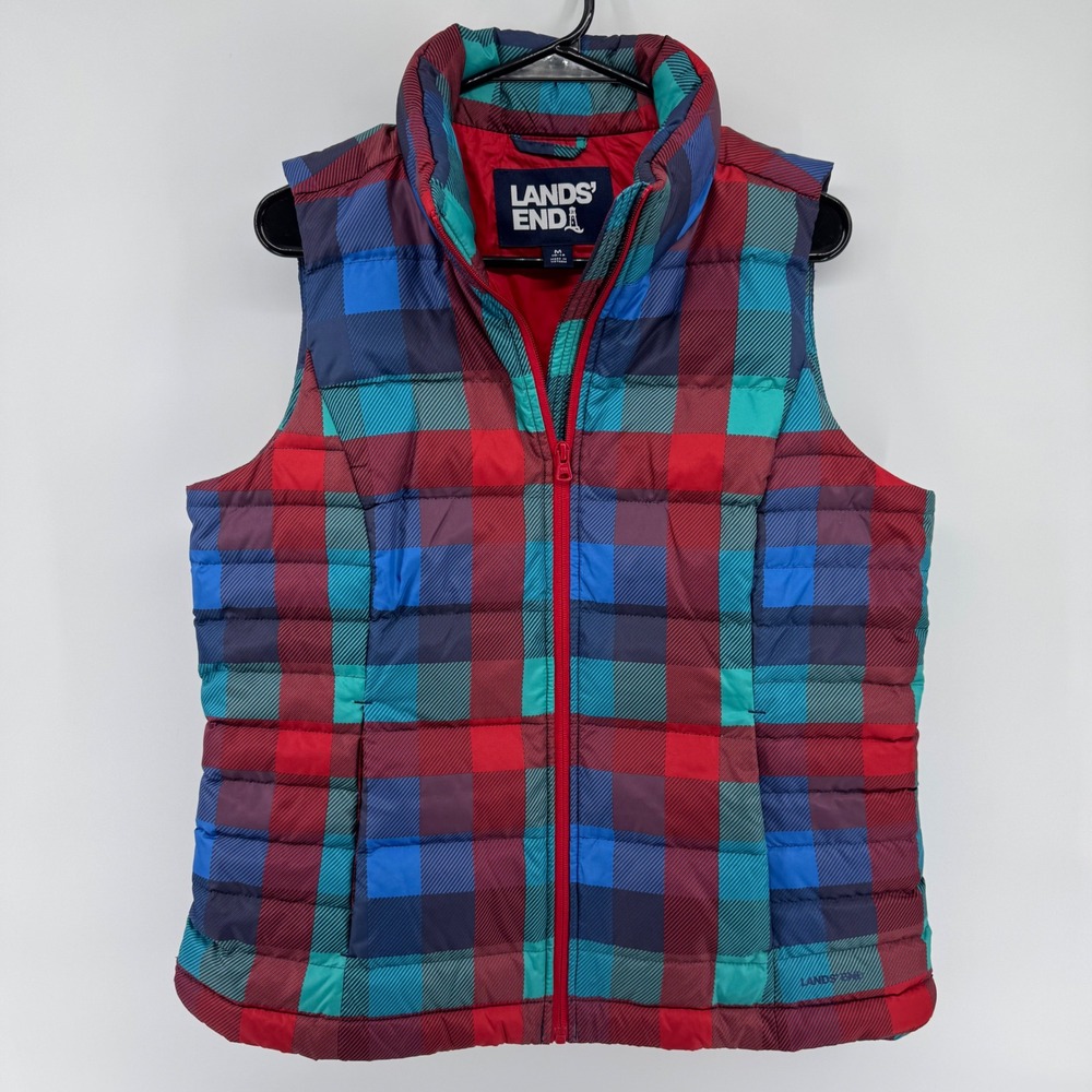 Lands End Women's Down Filled Puffer Vest Plaid Red/Blue/Green Full Zip M